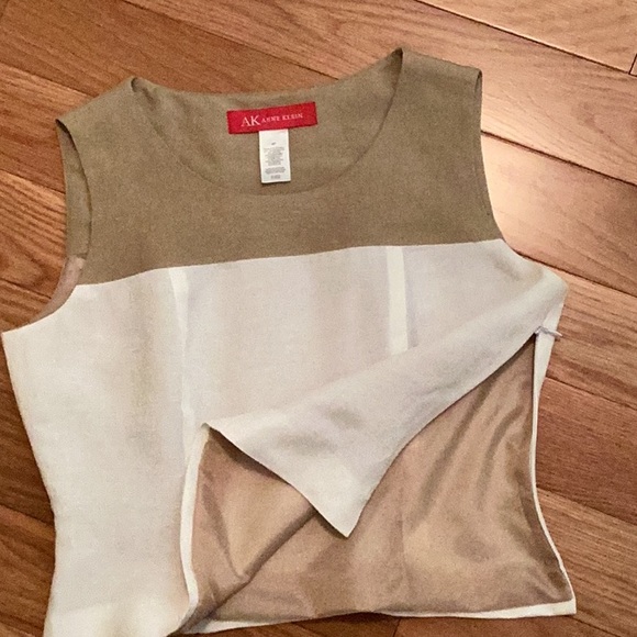 AK Anne Klein no sleeve Mocha Mousse-toned& cream linen top - Picture 3 of 7
